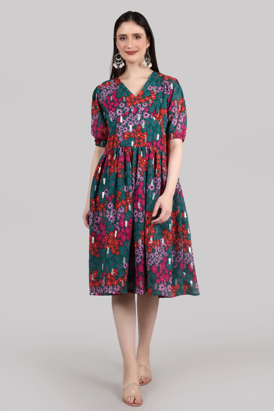 Women Fit and Flare Multicolor Knee Length Dress