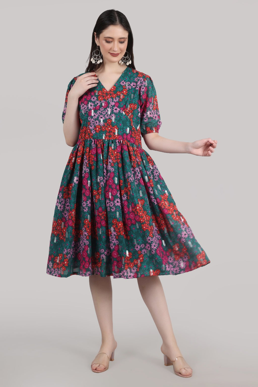 Women Fit and Flare Multicolor Knee Length Dress
