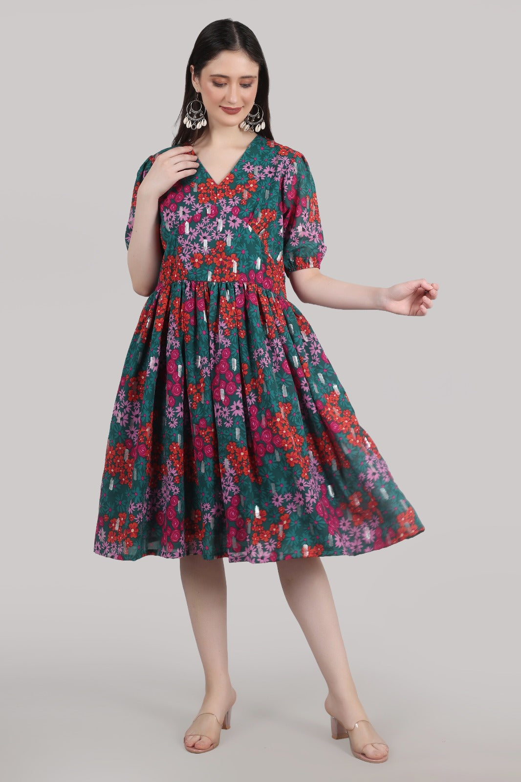 Women Fit and Flare Multicolor Knee Length Dress