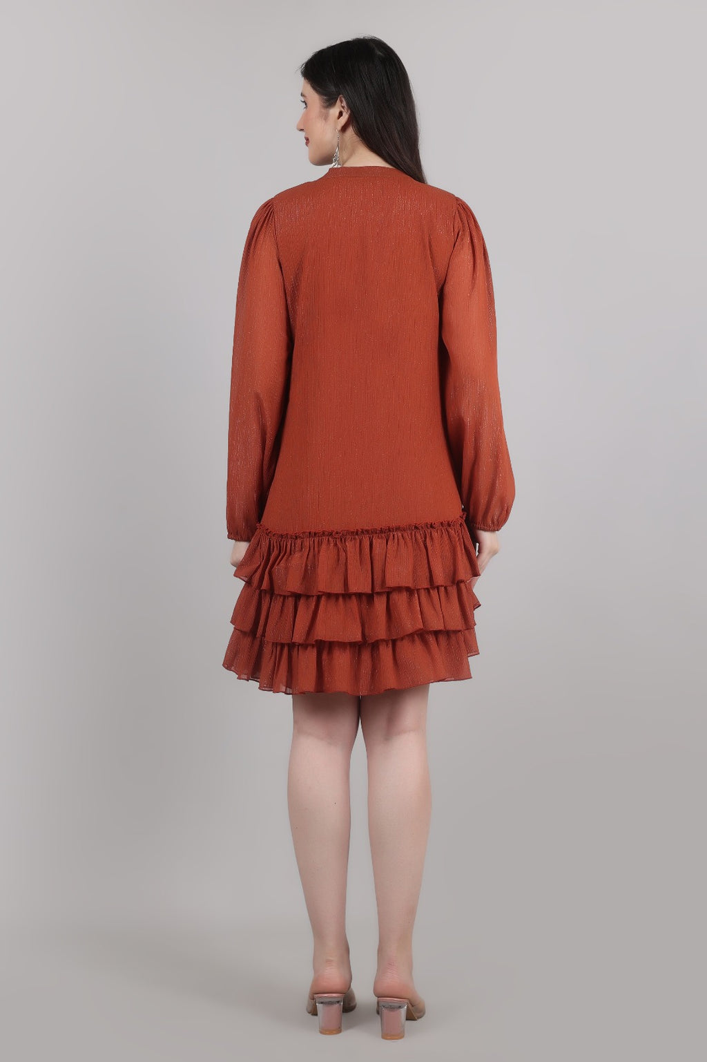 Thoughtful women tiered brown above knee/ mid thight length dress