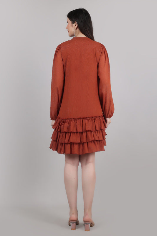 Thoughtful women tiered brown above knee/ mid thight length dress