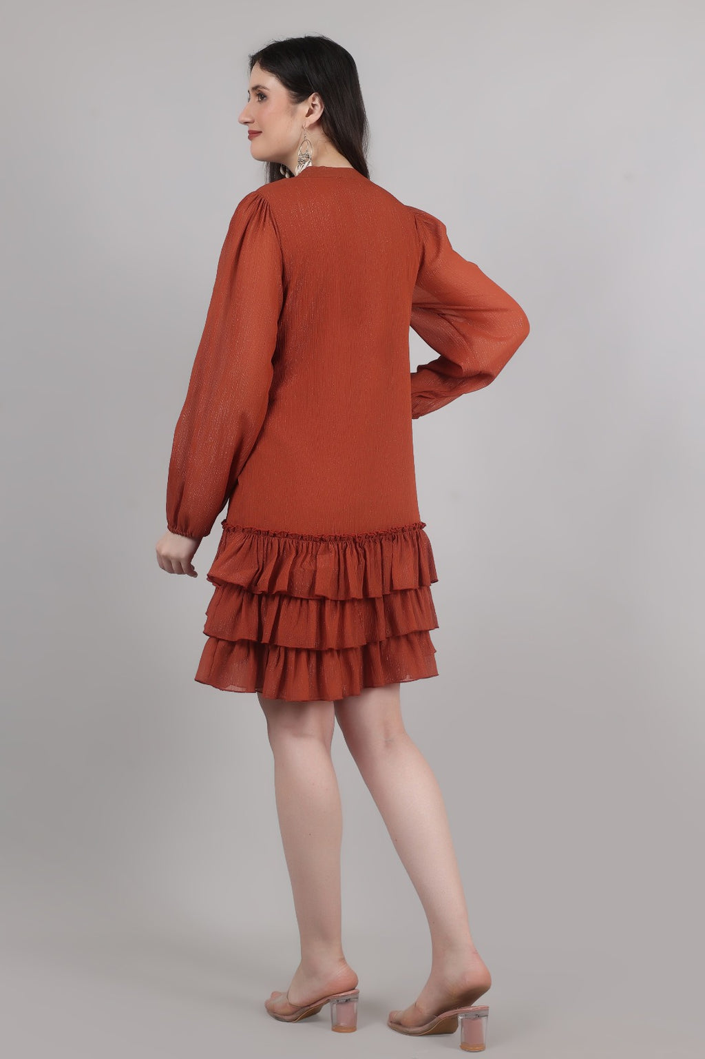 Thoughtful women tiered brown above knee/ mid thight length dress