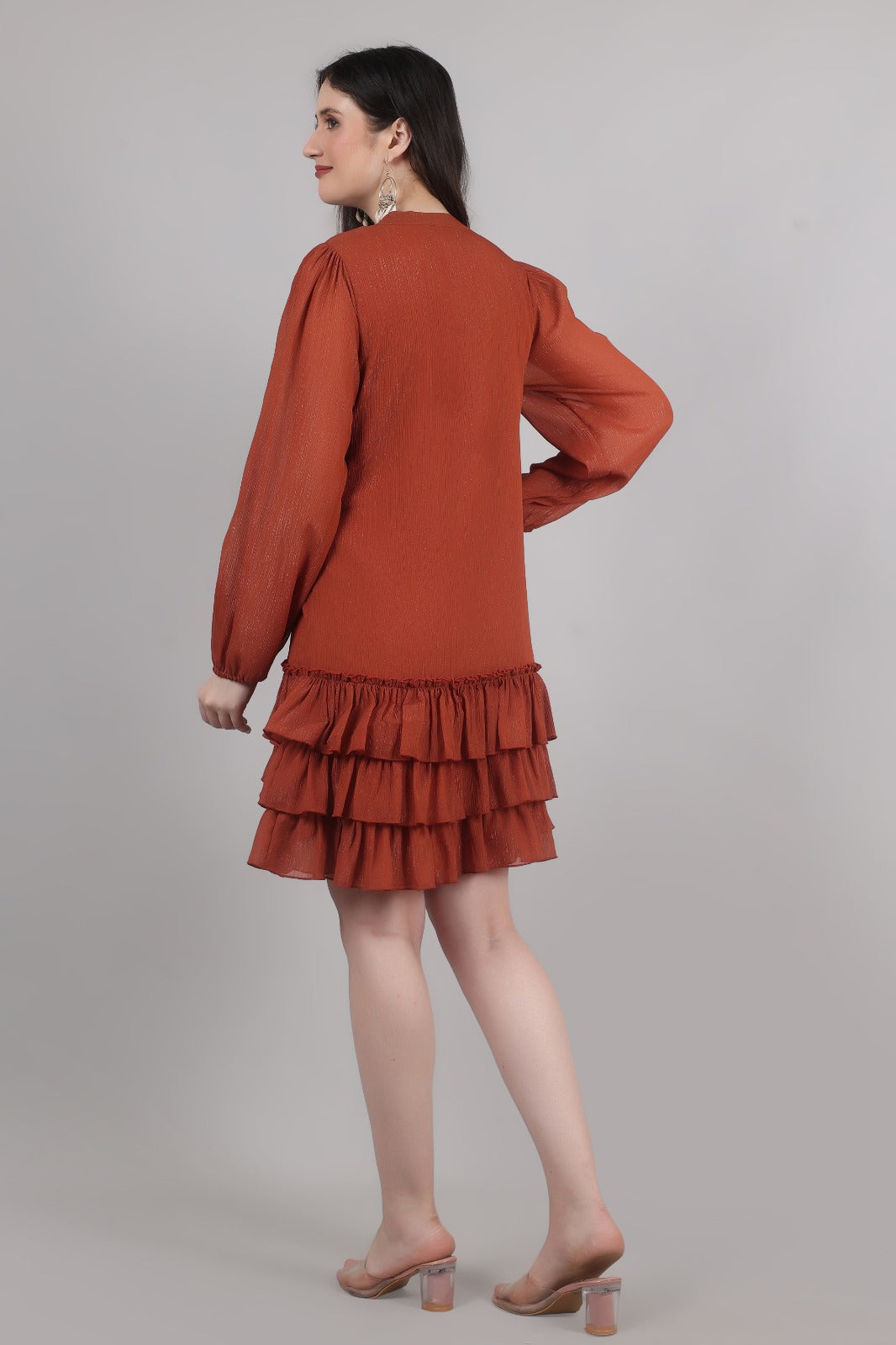 Thoughtful women tiered brown above knee/ mid thight length dress