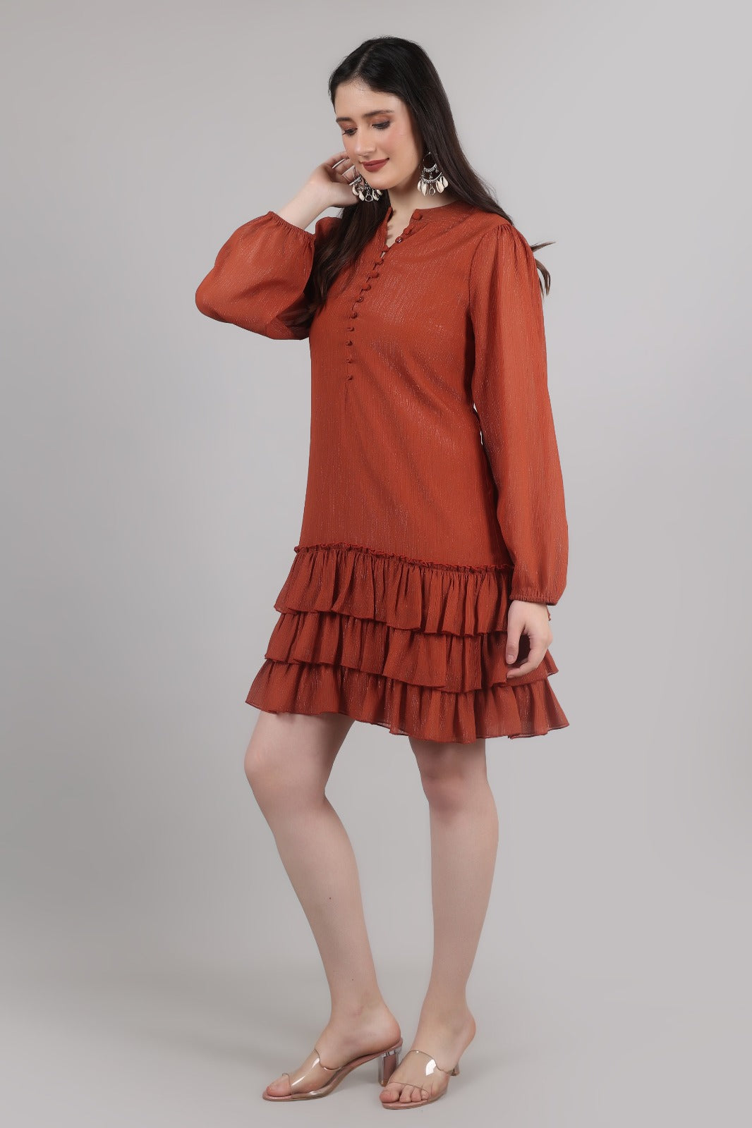 Thoughtful women tiered brown above knee/ mid thight length dress