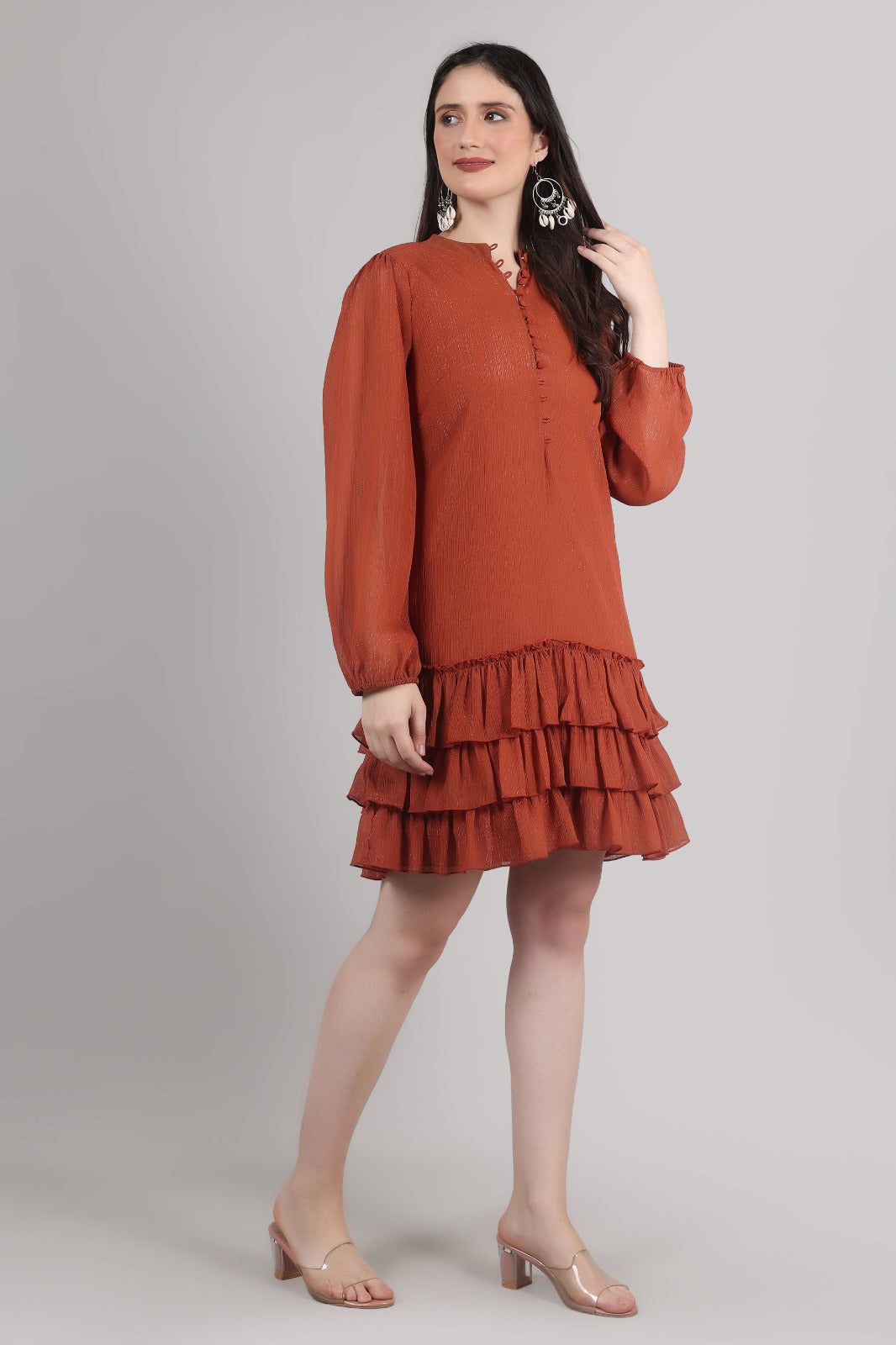Thoughtful women tiered brown above knee/ mid thight length dress