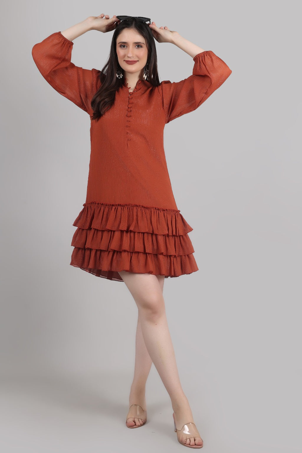 Thoughtful women tiered brown above knee/ mid thight length dress