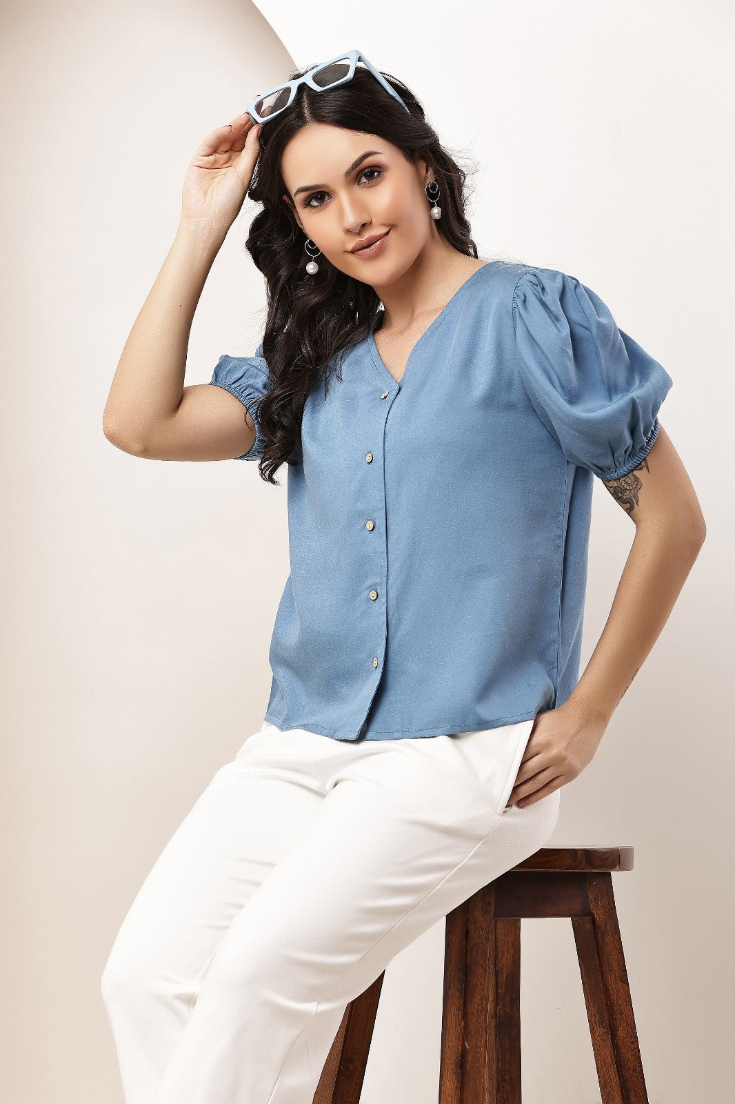 Thoughtful Party Puff Sleeves Self Design Women Blue Top