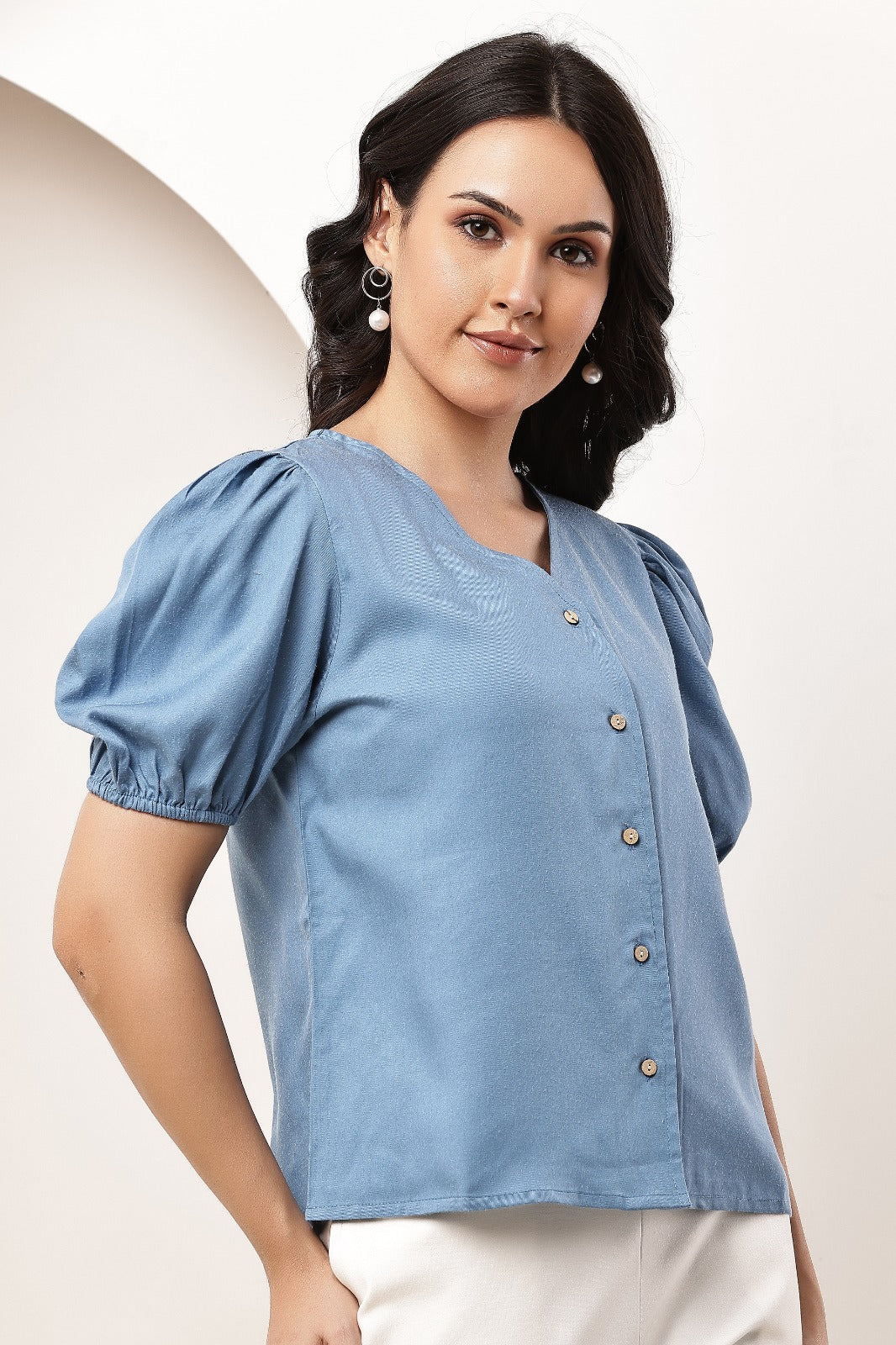 Thoughtful Party Puff Sleeves Self Design Women Blue Top