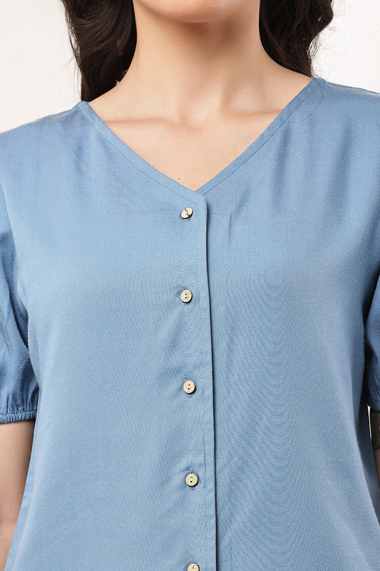 Thoughtful Party Puff Sleeves Self Design Women Blue Top