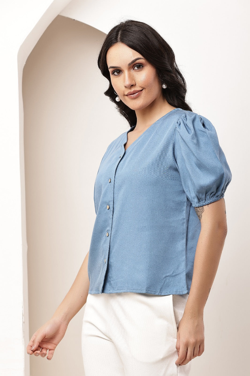 Thoughtful Party Puff Sleeves Self Design Women Blue Top
