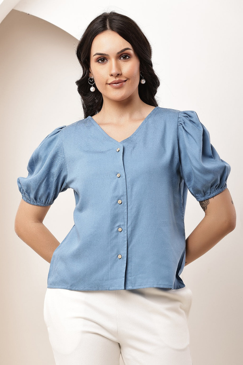 Thoughtful Party Puff Sleeves Self Design Women Blue Top
