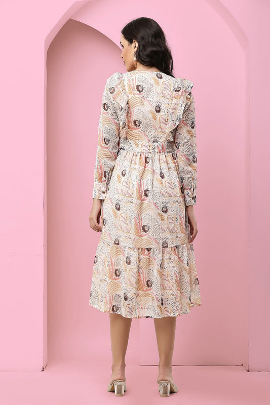 Thoughtful women tiered beige midi/ calf length dress