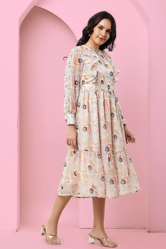 Thoughtful women tiered beige midi/ calf length dress