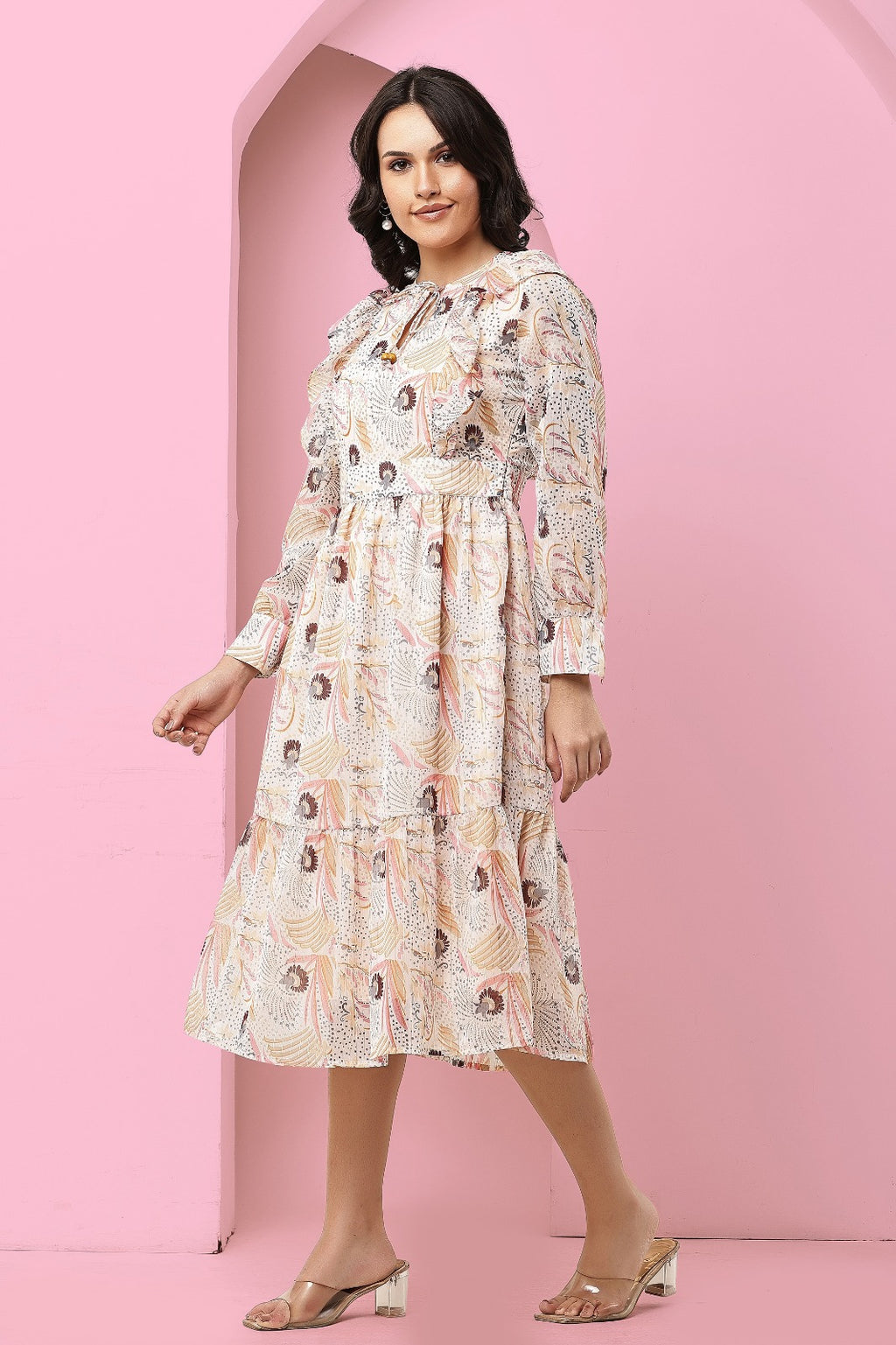Thoughtful women tiered beige midi/ calf length dress