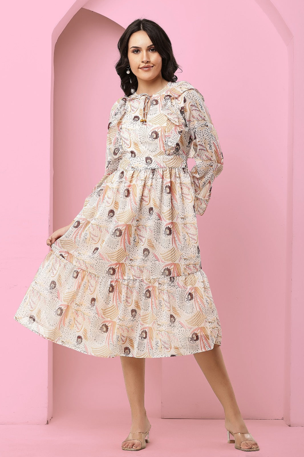 Thoughtful women tiered beige midi/ calf length dress