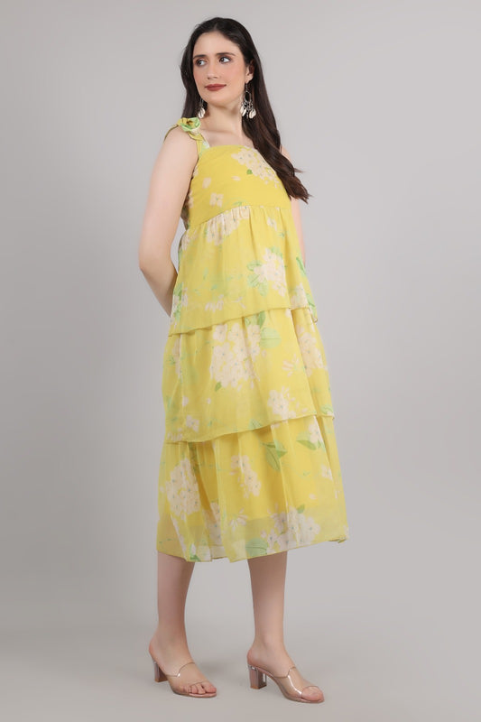 Thoughtful women tiered yellow midi/  calf length dress