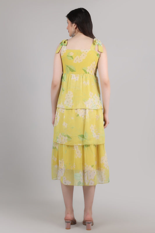 Thoughtful women tiered yellow midi/  calf length dress
