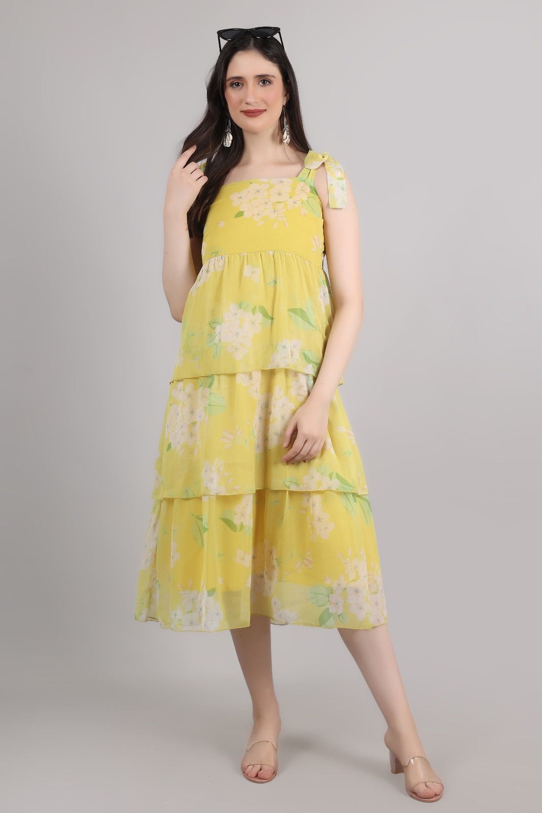 Thoughtful women tiered yellow midi/  calf length dress