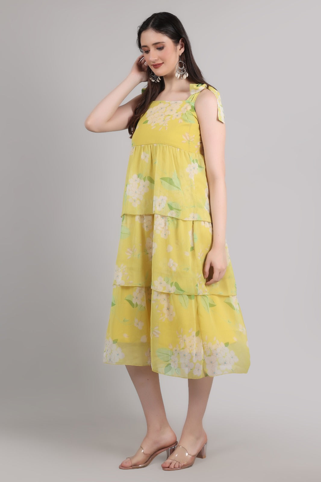 Thoughtful women tiered yellow midi/  calf length dress