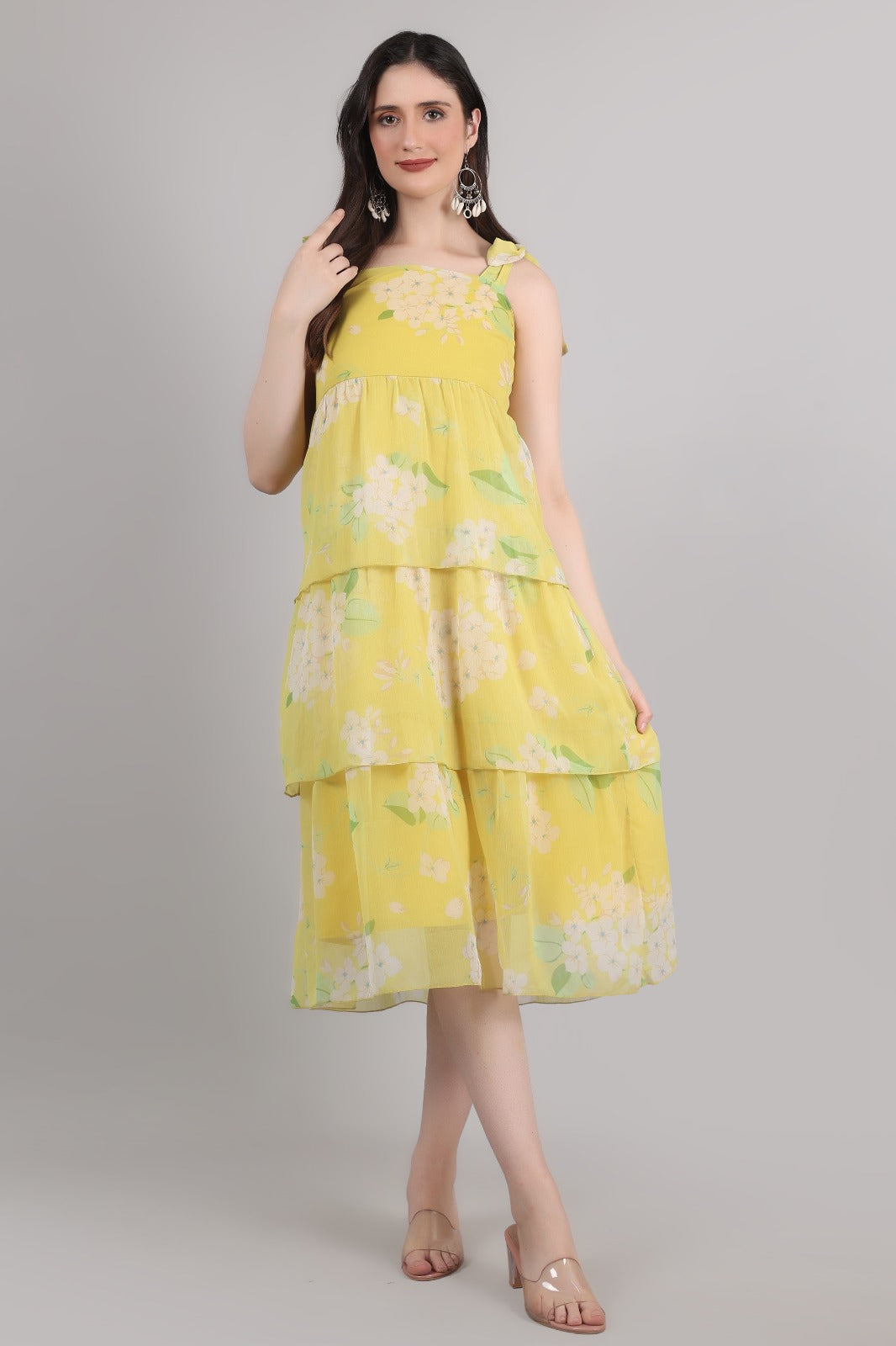 Thoughtful women tiered yellow midi/  calf length dress