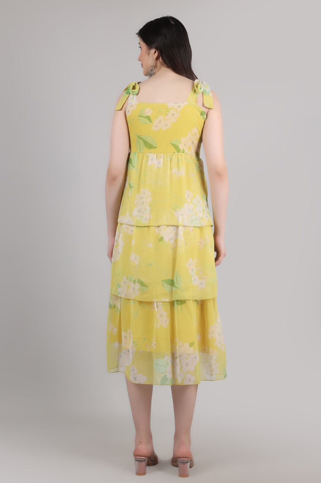 Thoughtful women tiered yellow midi/  calf length dress