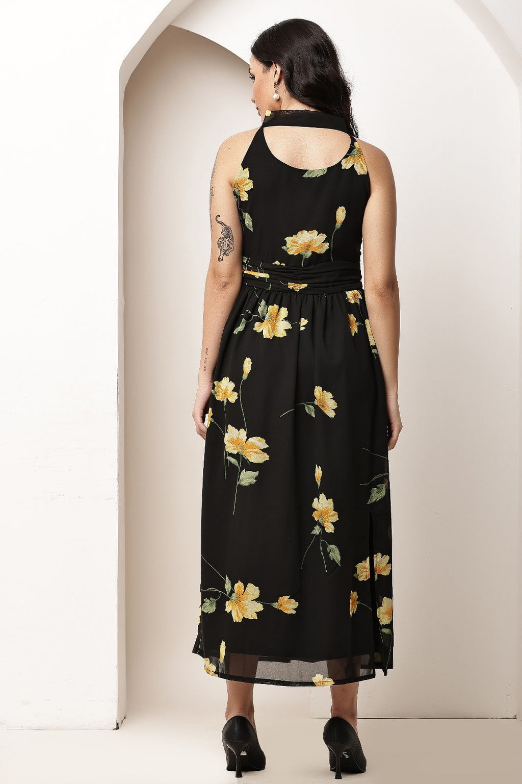 Thoughtful women fit and flare black maxi full length dress