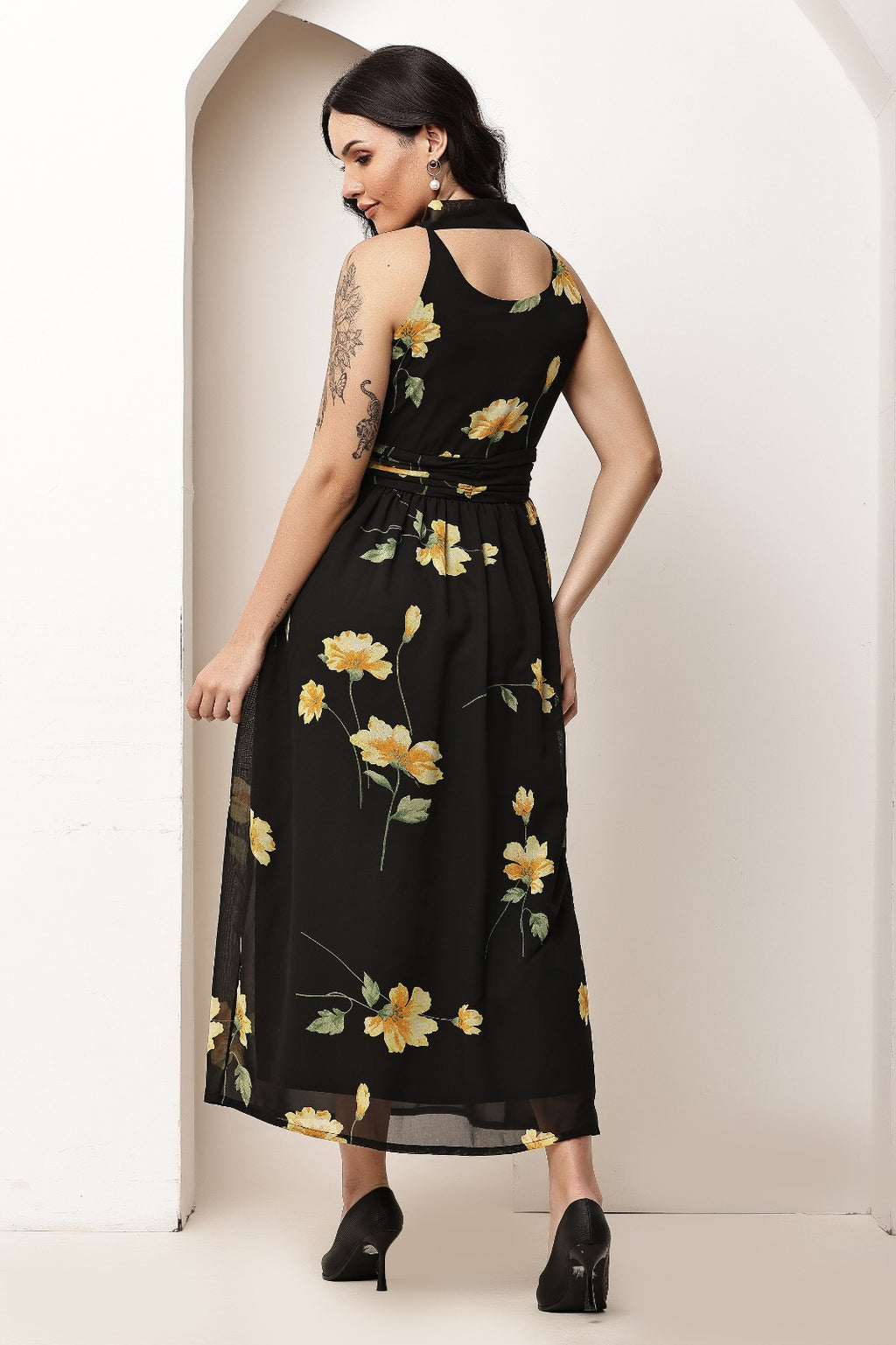 Thoughtful women fit and flare black maxi full length dress