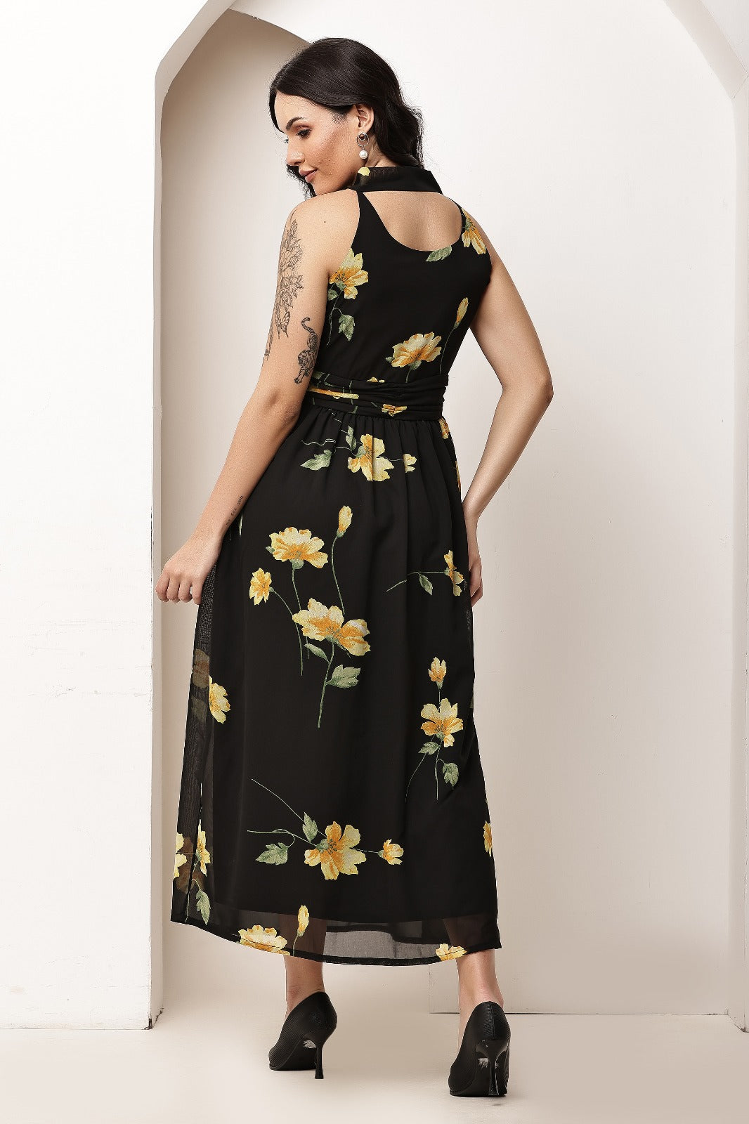 Thoughtful women fit and flare black maxi full length dress