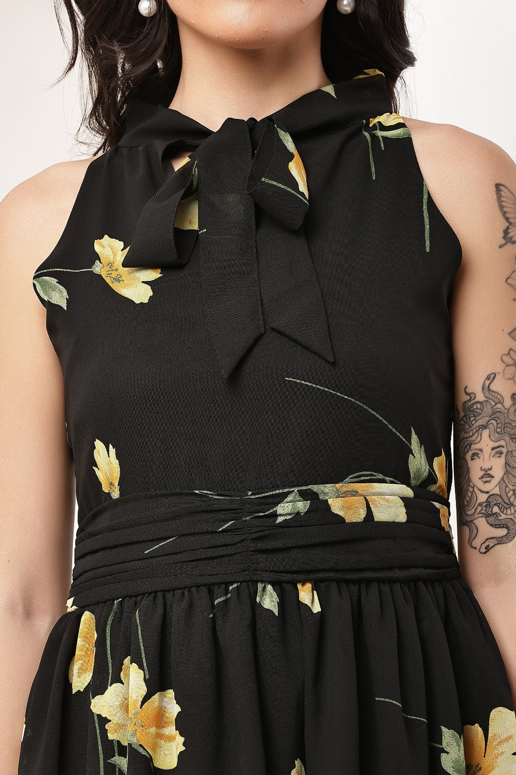 Thoughtful women fit and flare black maxi full length dress