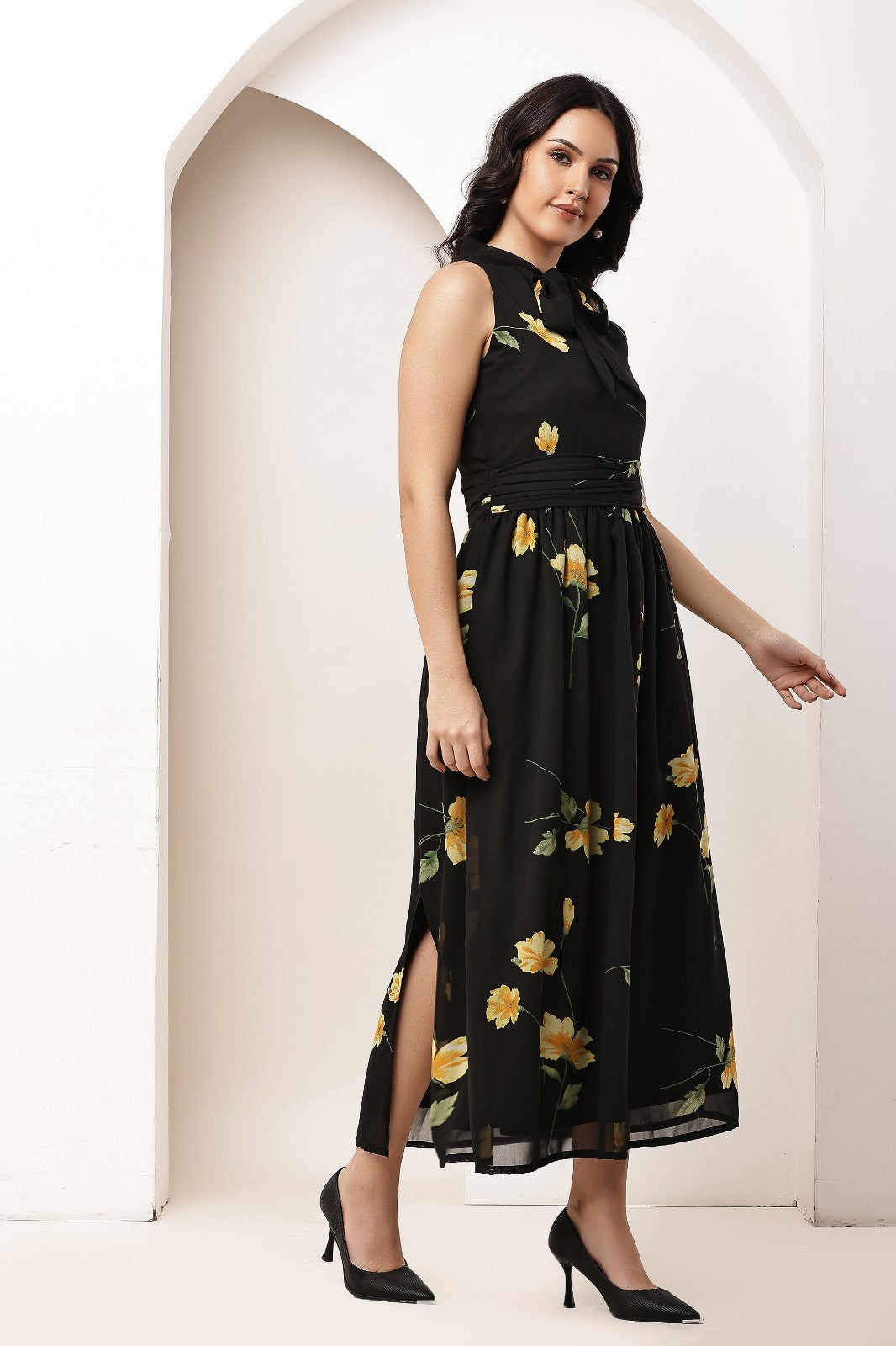 Thoughtful women fit and flare black maxi full length dress