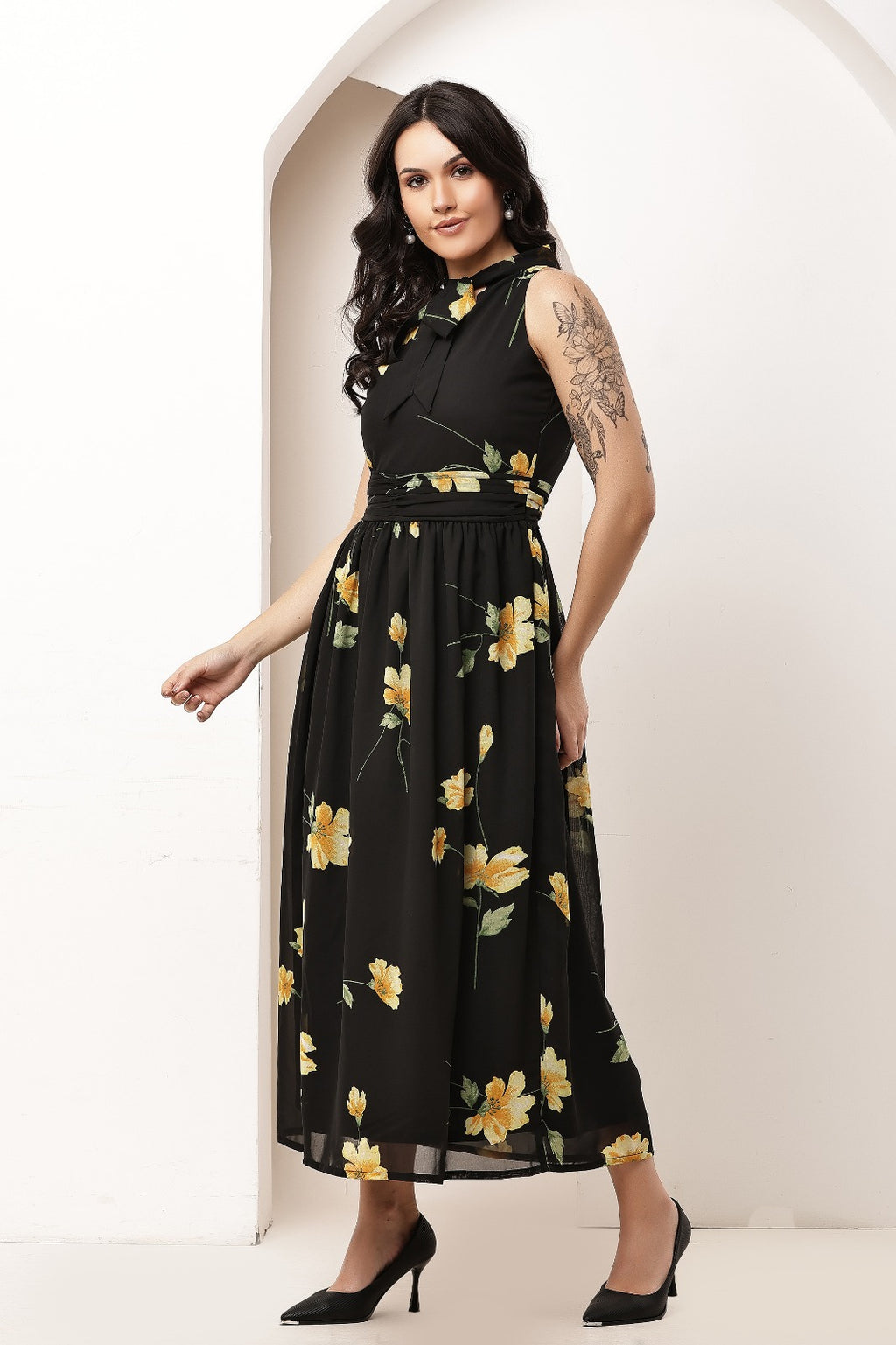 Thoughtful women fit and flare black maxi full length dress