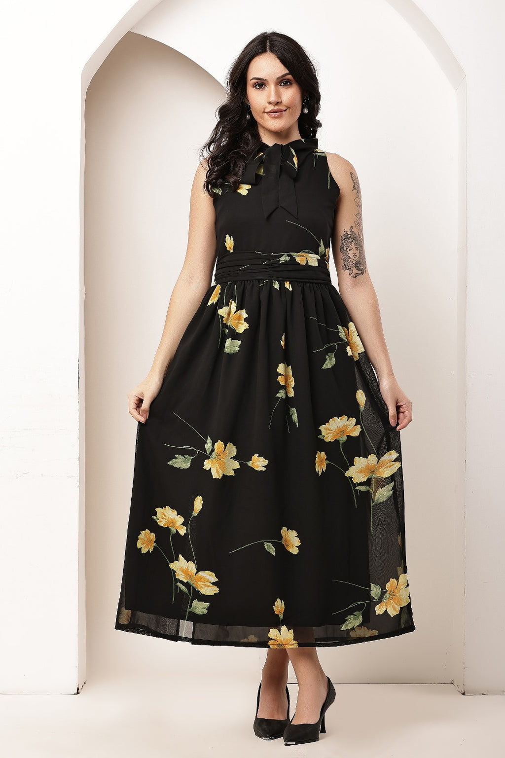 Thoughtful women fit and flare black maxi full length dress