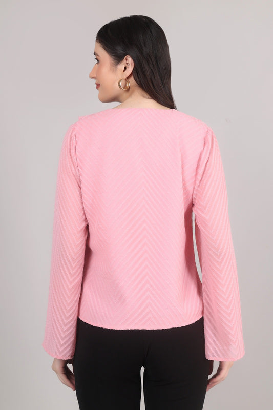Thoughtful casul regular sleeves chevron / zig zag women pink top