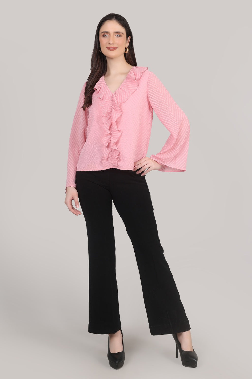 Thoughtful casul regular sleeves chevron / zig zag women pink top