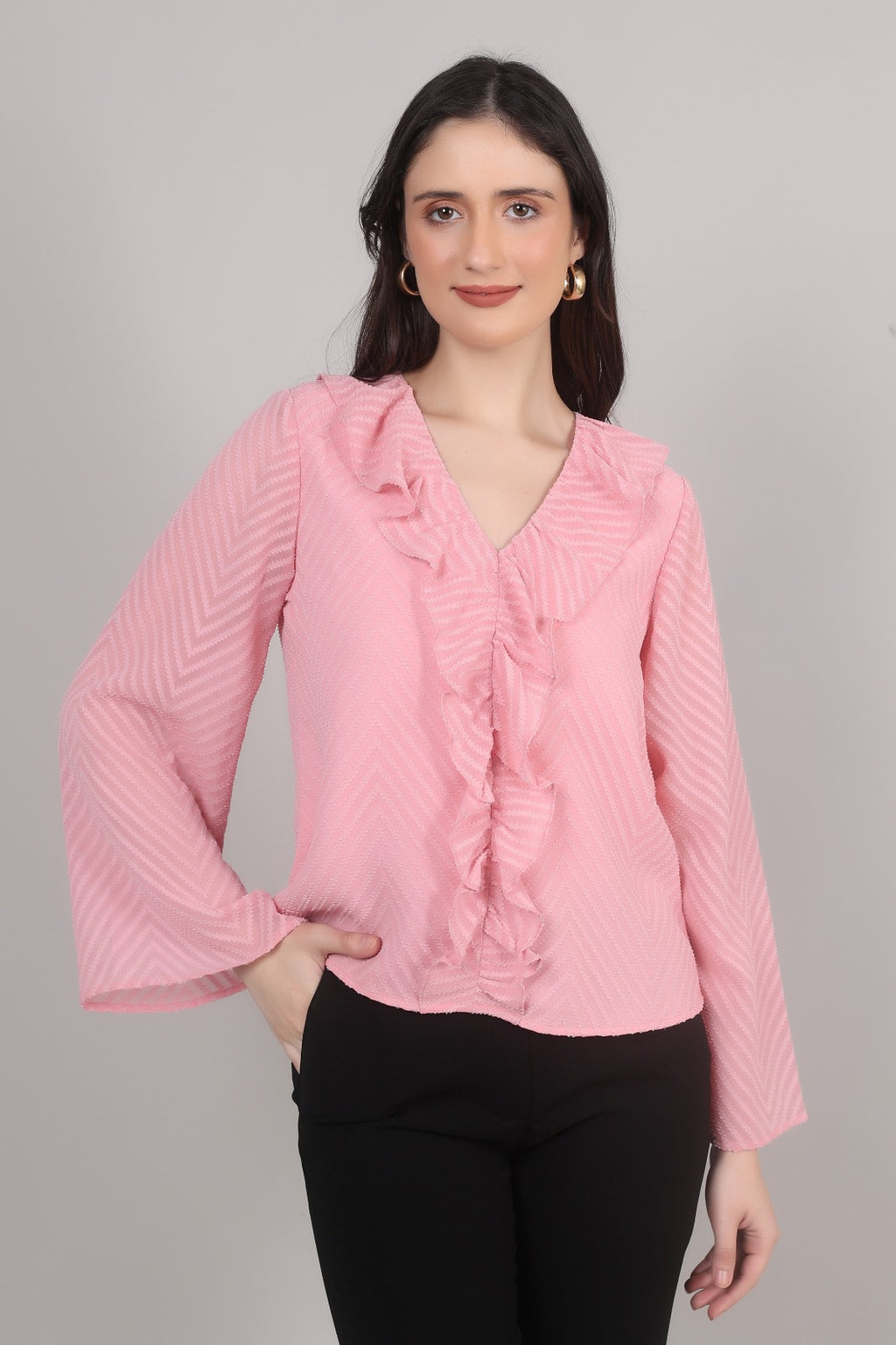 Thoughtful casul regular sleeves chevron / zig zag women pink top