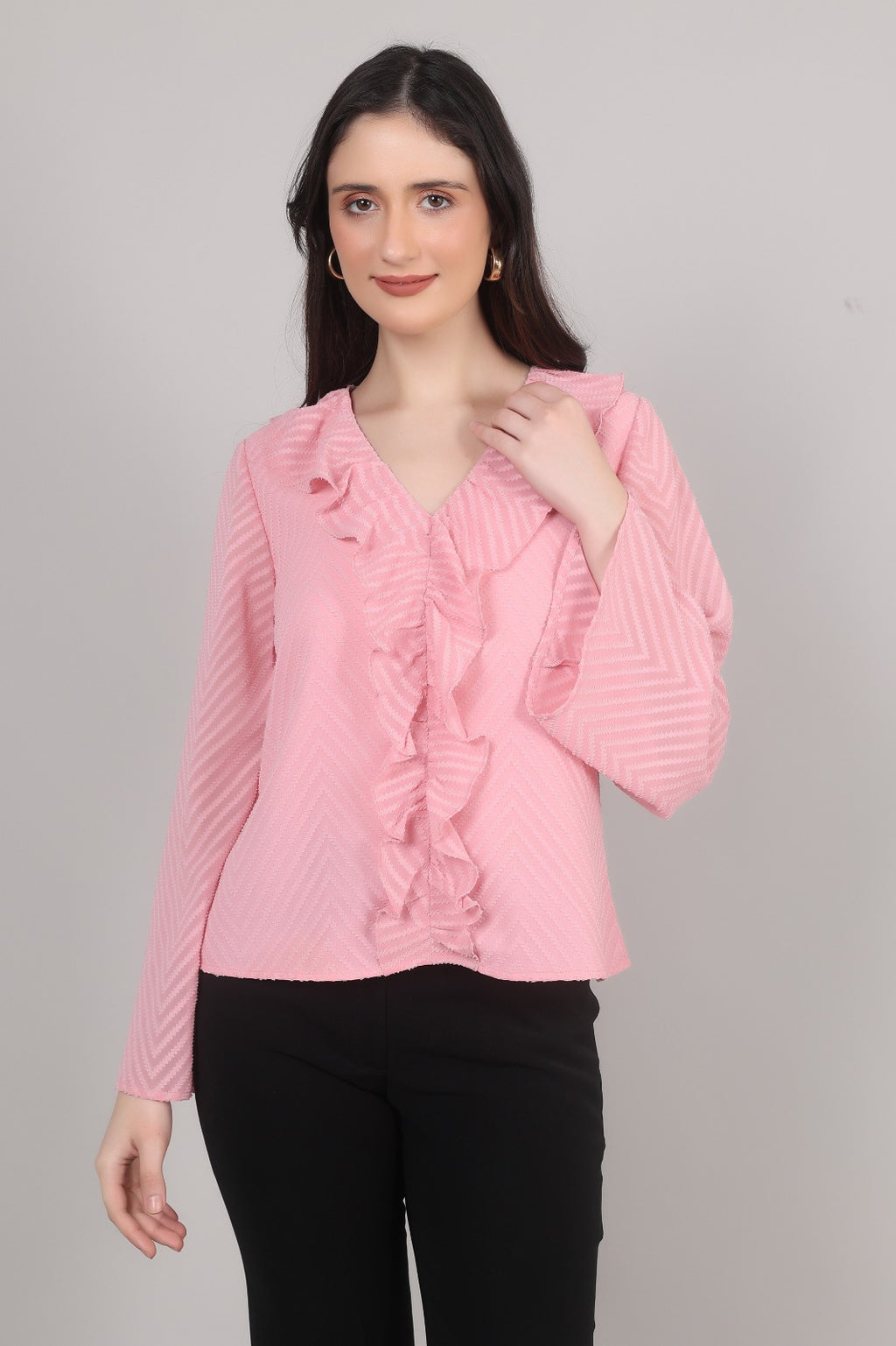 Thoughtful casul regular sleeves chevron / zig zag women pink top