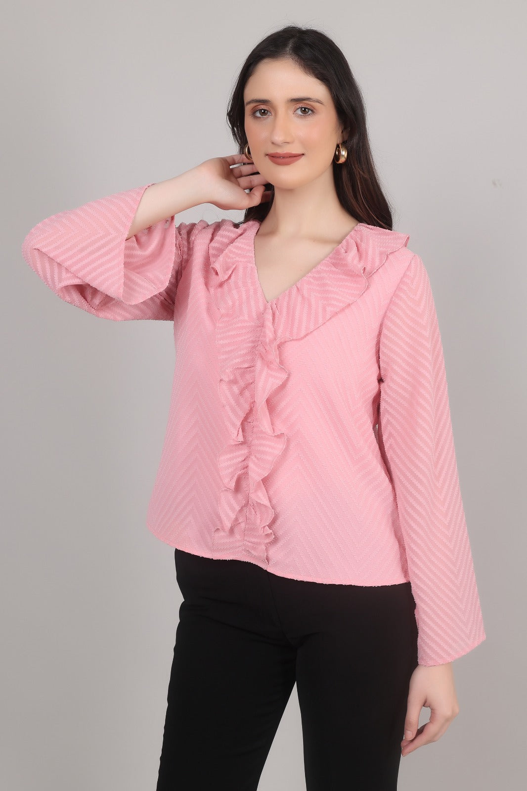 Thoughtful casul regular sleeves chevron / zig zag women pink top
