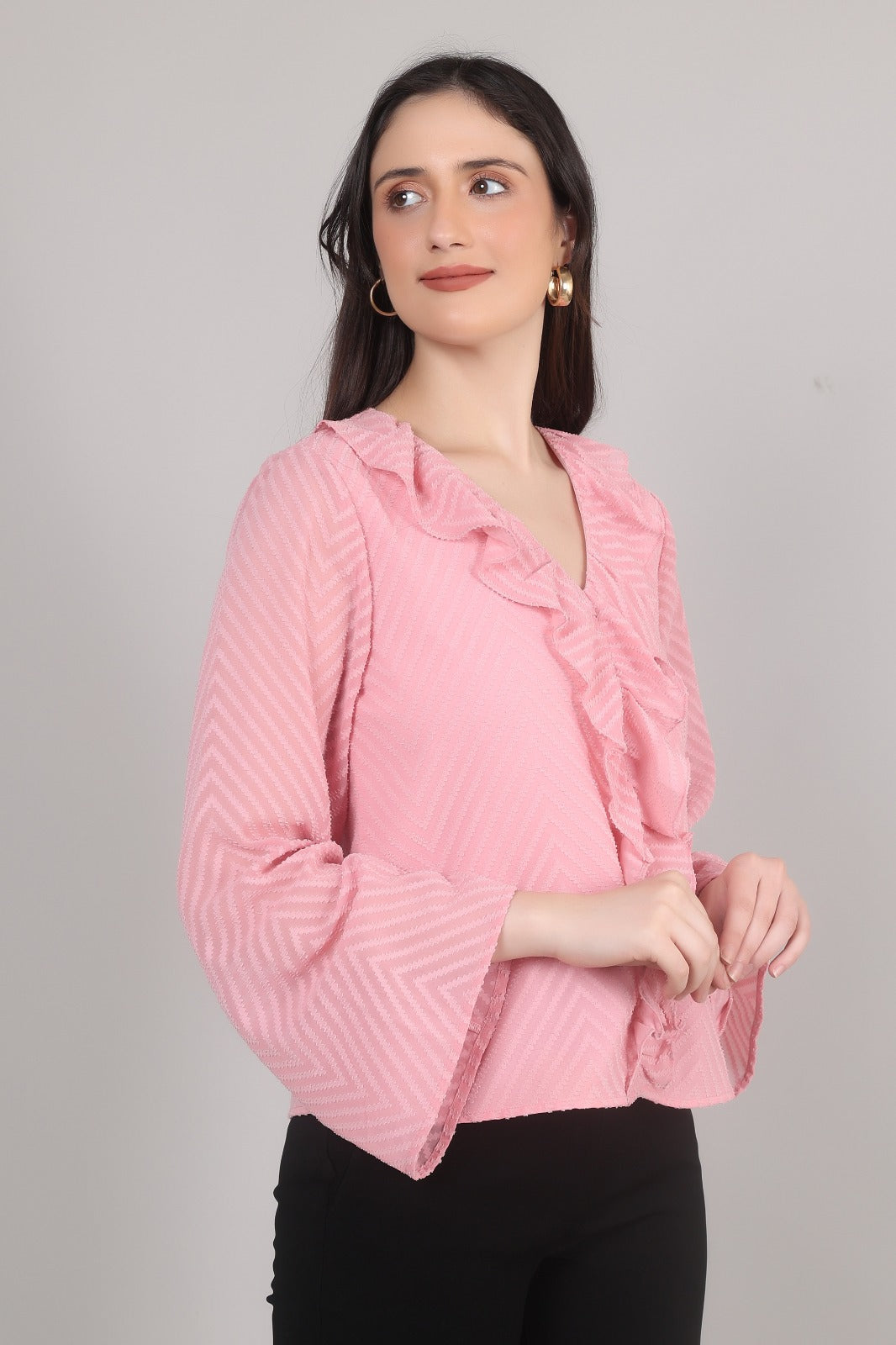 Thoughtful casul regular sleeves chevron / zig zag women pink top