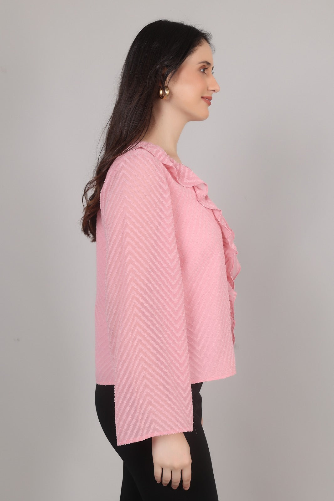 Thoughtful casul regular sleeves chevron / zig zag women pink top
