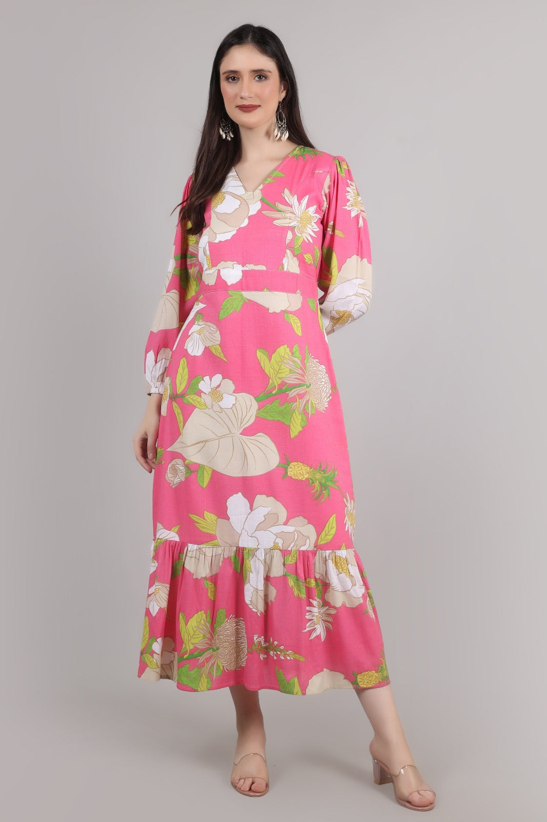 Thoughtful women cinched waist pink maxi full length