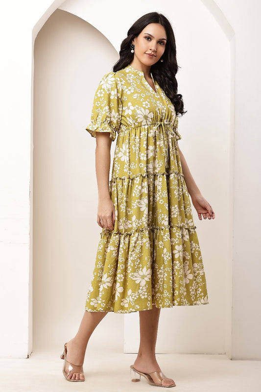 Thoughtful women tiered light green midi calf length dress