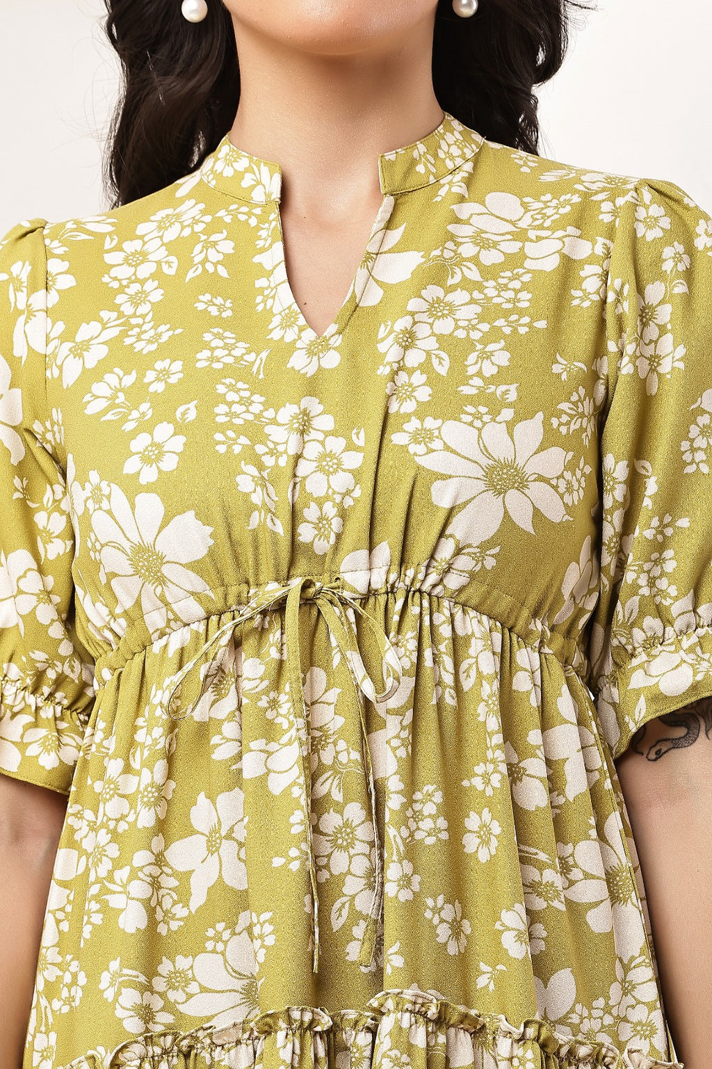 Thoughtful women tiered light green midi calf length dress