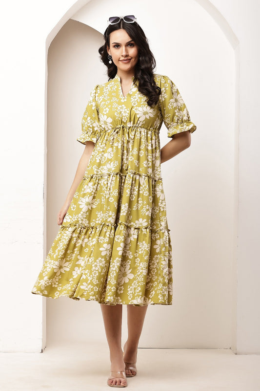 Thoughtful women tiered light green midi calf length dress