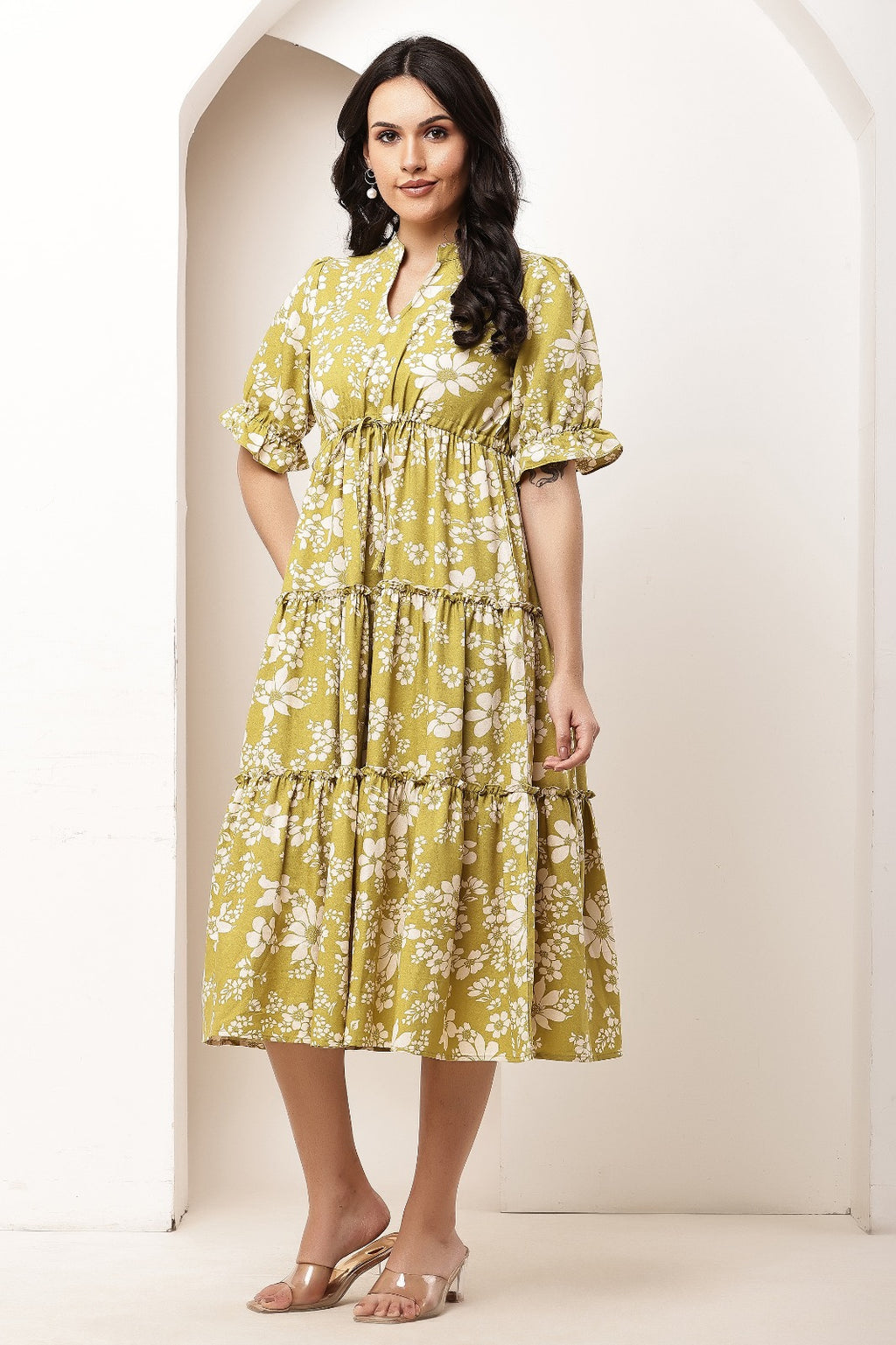 Thoughtful women tiered light green midi calf length dress