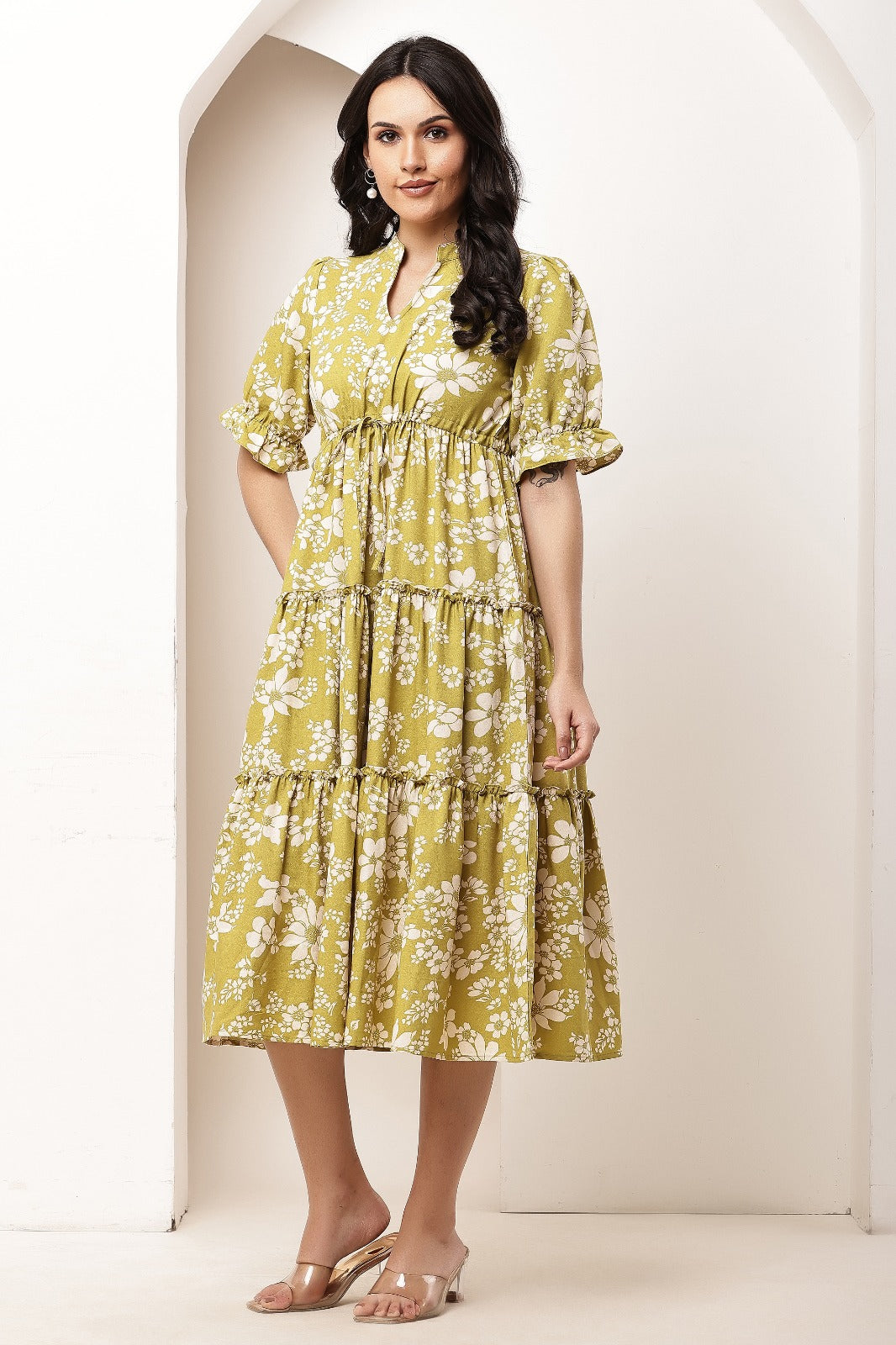 Thoughtful women tiered light green midi calf length dress