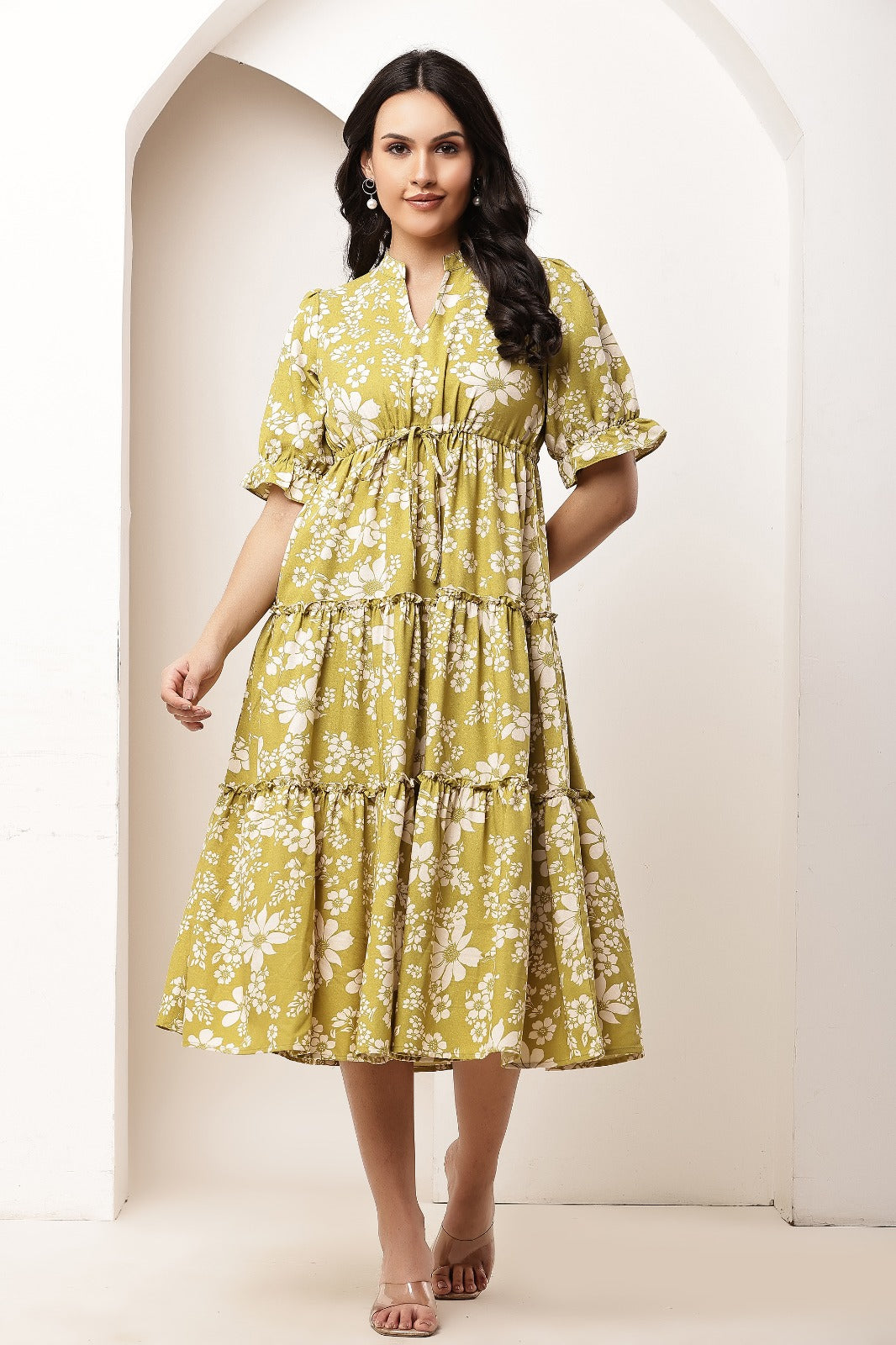Thoughtful women tiered light green midi calf length dress