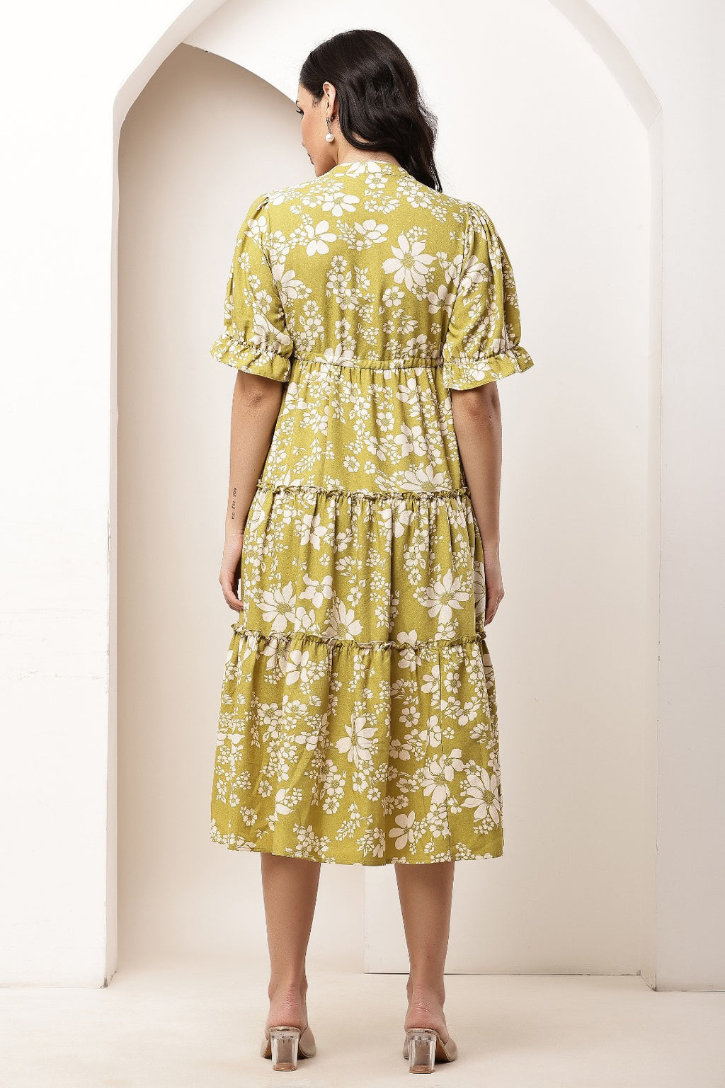 Thoughtful women tiered light green midi calf length dress