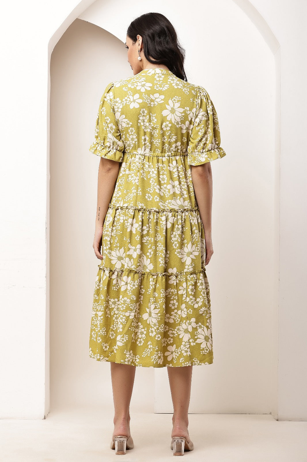 Thoughtful women tiered light green midi calf length dress