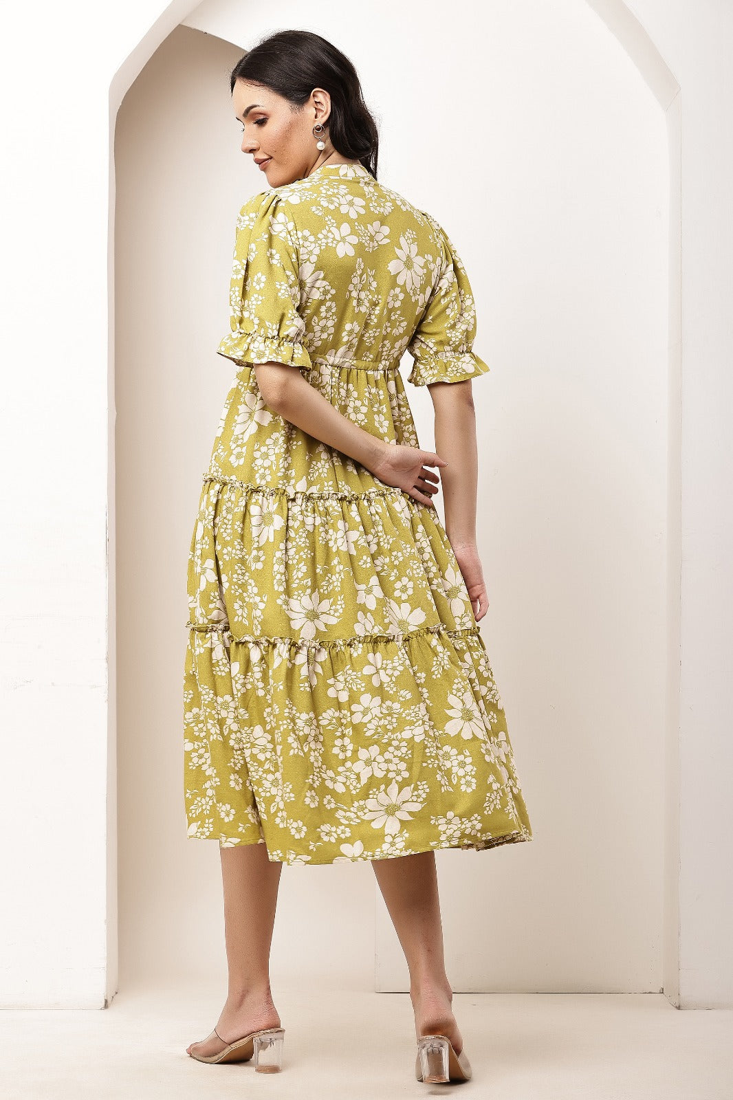Thoughtful women tiered light green midi calf length dress