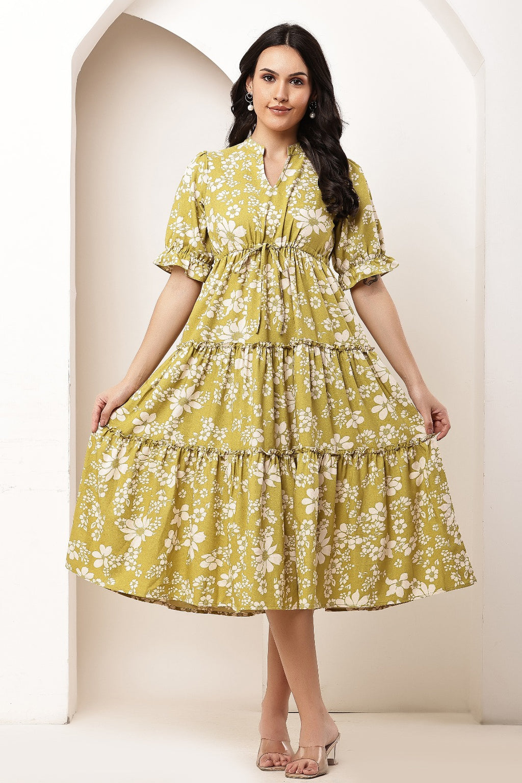 Thoughtful women tiered light green midi calf length dress